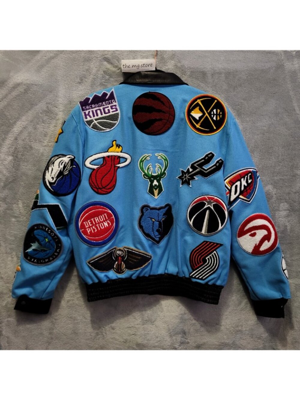 Jeff Hamilton NBA Collage Wool & Leather Blue Jacket Men's Sz Medium Signed - Picture 2 of 7